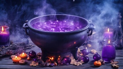 Mystical witch s cauldron with steam rising, surrounded by pumpkins and glowing potions. Concept of witchcraft, Halloween, magic potion, and magical atmosphere