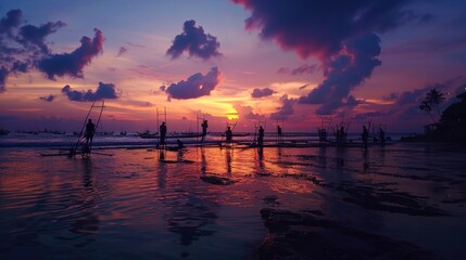 The sun sets on the beach with a variety of colors in the sky, from purple to orange. There were silhouettes of several people who seemed to be standing on the water
