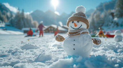 Obraz premium snowman snow slope cold winter Christmas mountains pine trees yellow hat scarf sunny