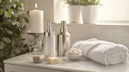 a gray marble soap dish and hair wash bottle, accompanied by two scented candles in silver holders, placed on a white table with neatly stacked towels behind them.