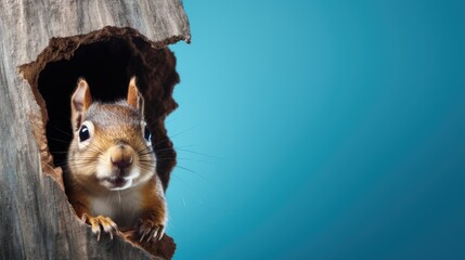 A squirrel is peeking out of a hole in a tree trunk. The image has a lighthearted and playful mood, as the squirrel appears to be curious and interested in what is happening outside of its hole