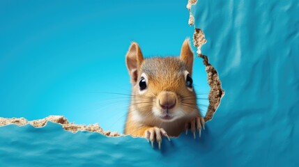 A squirrel peeking out from behind a hole in a wall. The image has a playful and curious mood, as the squirrel is looking out into the unknown