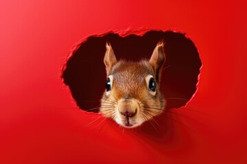 A squirrel is peeking out of a hole in a red background. The image has a playful and curious mood, as the squirrel seems to be looking out of the hole with interest