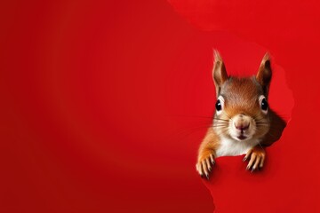 A squirrel peeking out from behind a red background. The image has a playful and curious mood, as the squirrel is looking out from behind a red wall