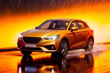 Obraz premium Sleek Orange Car Driving in the Rain with Blurred Motion