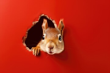 A squirrel peeking out of a hole in a red wall. The image has a playful and curious mood, as the squirrel is looking out of the hole and seems to be interested in what is on the other side