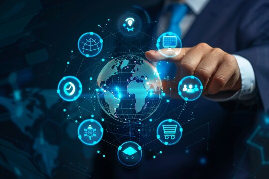 Businessman integrating with digital network icon for global online connectivity - Powered by Adobe