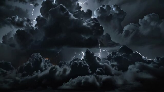 A view of many lightning strikes during a thunderstorm with black clouds