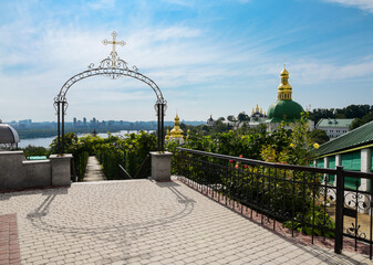 Monastery garden of the Kyiv Pechersk Lavra with surrounding architecture