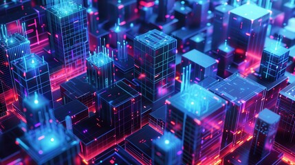 Obraz premium Distributed energy storage units in a bustling city center, renewable energy grid theme, top view, highlighting efficient power distribution, digital tone, vivid