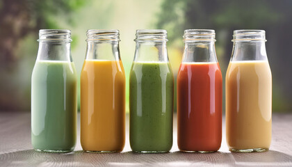 Glass bottles filled with green, yellow, orange and red smoothies. Delicious detox drink. Tasty juice.