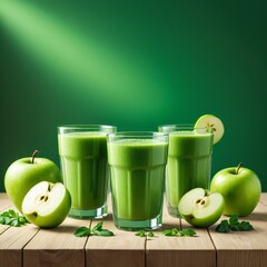 Three glasses of fresh green apple juice are placed on a wooden table, surrounded by whole and sliced green apples with green leaves, under a spotlight.