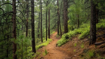 A calm trail in the forest with towering pine trees in soft light