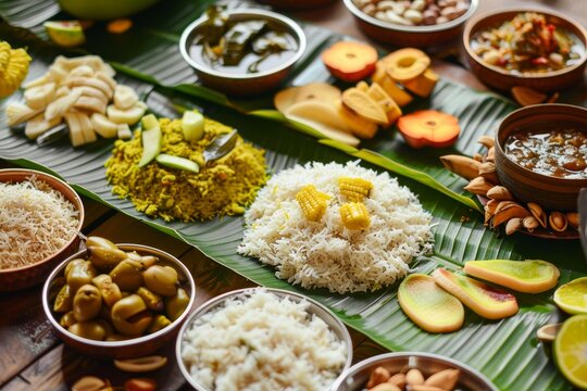 Cultural culinary delight  traditional onam sadhya feast on banana leaves in india