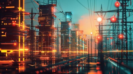 Fototapeta premium Grid storage system in a modern city, sustainable infrastructure theme, side view, illustrating energy storage and distribution, advanced tone, complementary color scheme