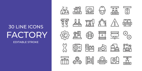 Factory icon illustration stock editable stroke. manufacture, alert sign, robotics and more