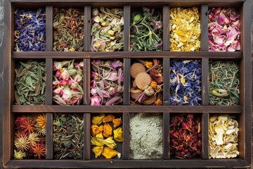 Assorted herbal medicine collection in box for alternative healthcare and wellness practices - Powered by Adobe