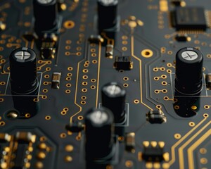 Close up view of black pcb with gold connectors, technology concept horizontal banner design