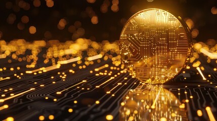 futuristic gold coin with circuit board pattern floating in cyberspace 3d render