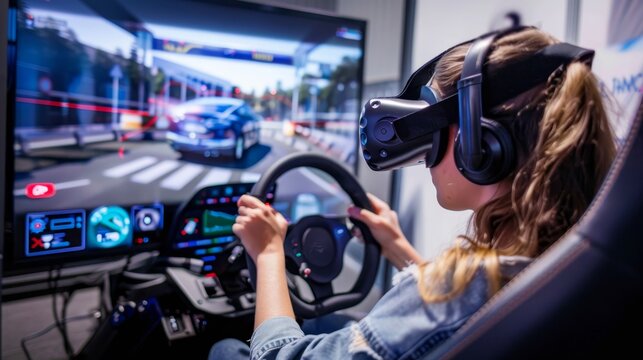 Vr driving school exam  woman controls car in simulator with steering wheel in classroom