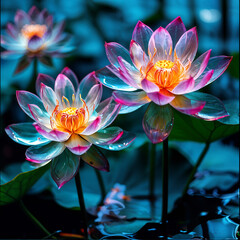AI-generated lotus flowers in the pond with Electrophotographic and Kirlian effect
