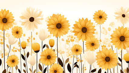 Pale Yellow Sunflowers - Meadow, Floral, Nature, Graphic, Light Colors, Cartoon Art, Abstract, Boho, Chic, Minimalist, Simple Art, Vector