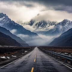 AI-generated panoramic view of misty morning snow mountain in Himachal Pradesh with vanishing point