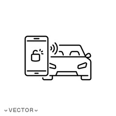 car key in smartphone icon, using smart lock application, automatic locking or open door in vehicle, phone nfc technology, close auto, thin line symbol isolated on white background, eps 10 vector