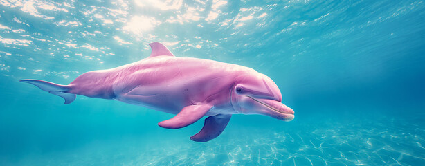 A pink dolphin swimming in the ocean. Underwater photography, high definition, ultra realistic in the style of unknown artist