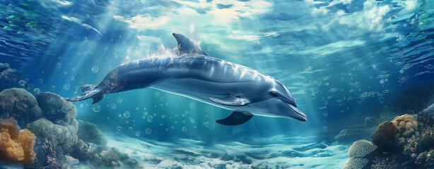Fototapeta premium A dolphin swimming in the ocean. Underwater photography, high definition, ultra realistic in the style of unknown artist