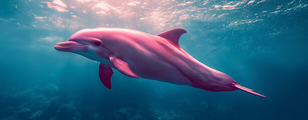 A pink dolphin swimming in the ocean. Underwater photography, high definition, ultra realistic in the style of unknown artist