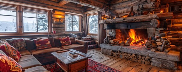 Rustic log cabin with a cozy fireplace.