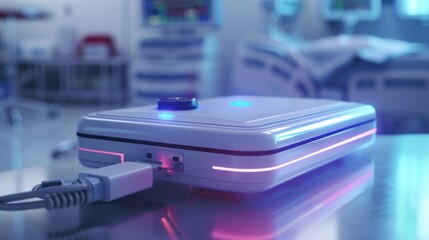 Portable charger designed for medical devices, emergency healthcare theme, closeup view, highlighting compact and efficient design, advanced tone, complementary color scheme