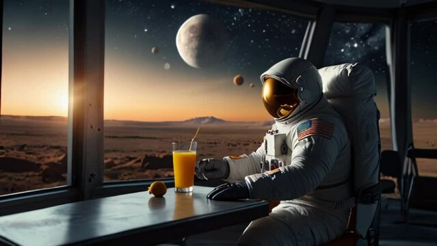 An astronaut is enjoying orange juice on the moon with several planets in the background.