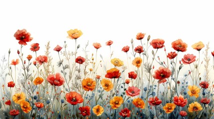 Obraz premium A vibrant field of red and yellow wildflowers, painted in watercolor, blooms against a white background.