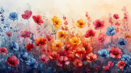 A vibrant watercolor painting of a field of red, orange and blue flowers, bathed in warm sunlight.