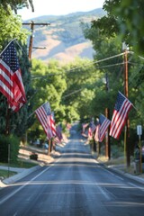 4th of July: American flags waving in neighborhood street. Independence day.