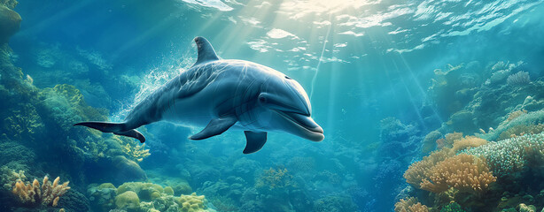 Obraz premium A dolphin swimming in the ocean. Underwater photography, high definition, ultra realistic in the style of unknown artist
