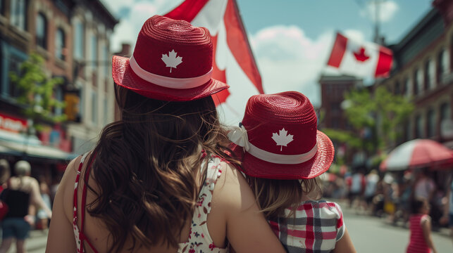 Mother and Daughter Celebrating Canada Day with Red Hats