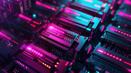 Fototapeta premium Data center servers with backup energy storage units, modern IT infrastructure theme, top view, showcasing power redundancy, cybernetic tone, splitcomplementary color scheme