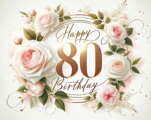 Elegant 80th birthday card with floral design and golden text, perfect for milestone celebrations. - Powered by Adobe