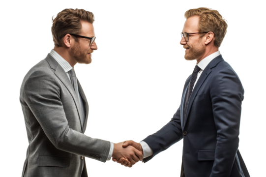 Two men in business suits shaking hands, profile view, on a white background, concept of business agreement. Generative AI