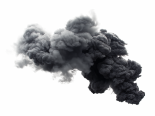 A voluminous plume of smoke against a white background, photographic style, concept of pollution or disaster. Generative AI