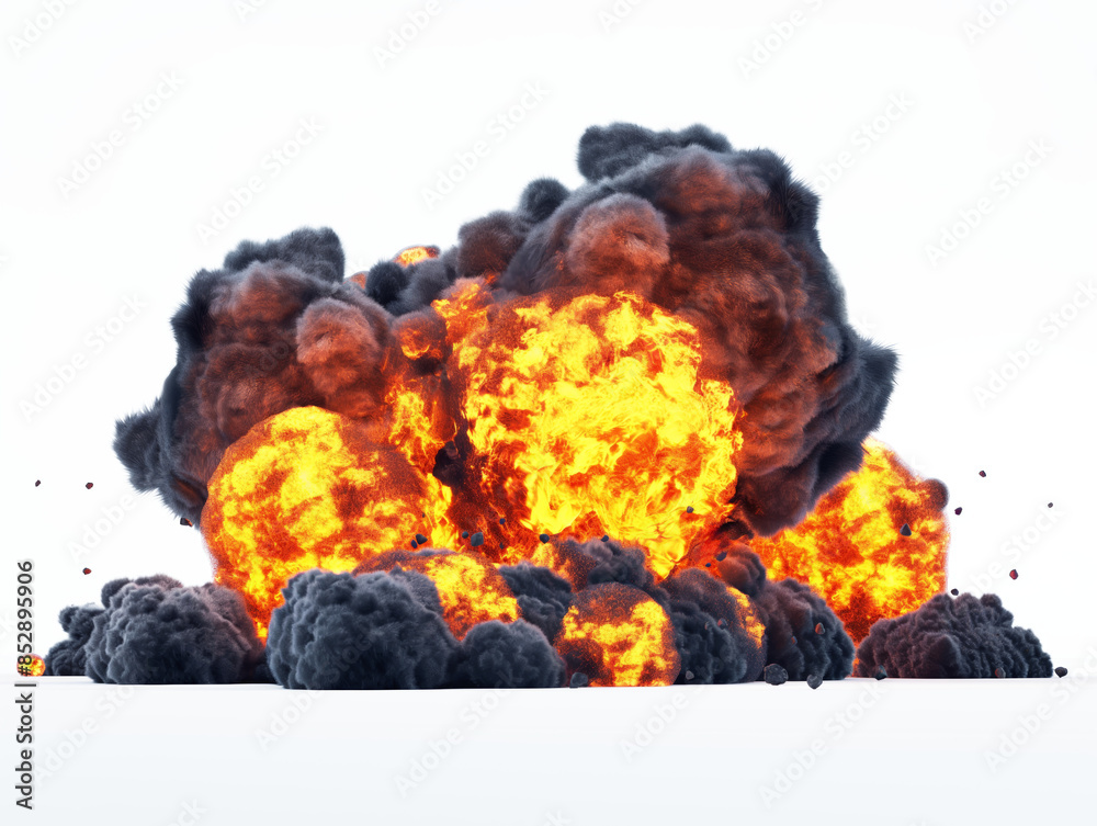 Poster a massive explosion with intense flames and dark smoke against a white background, illustrating a co