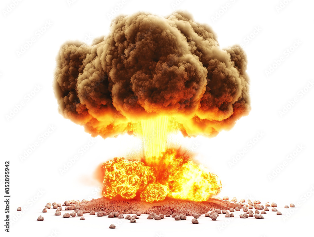 Poster an explosive mushroom cloud with intense flames at the base on a white background, depicting power o
