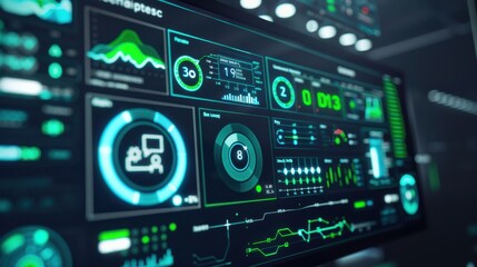 Obraz premium Realtime monitoring screen showing energy consumption and savings, energy efficiency theme, front view, illustrating smart energy management, advanced tone, analogous color scheme