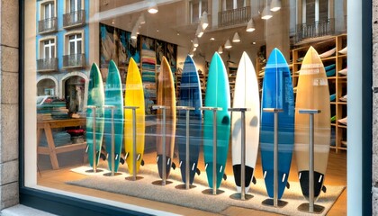 surfboards displayed in a surf shop window
