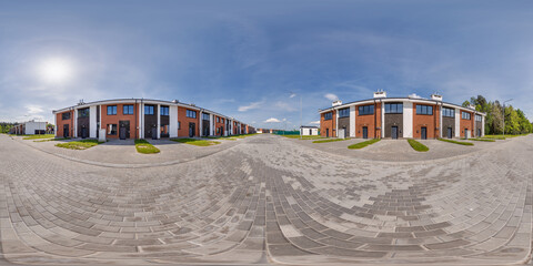 hdri 360 panorama in low-rise residential townhouse or public buildings complex with several...