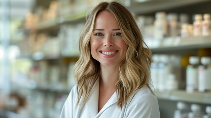 Obraz premium Friendly Female Pharmacist in White Lab Coat Smiling Confidently Against Minimalistic White Background, Highlighting Professionalism and Trust in Pharmaceutical Care