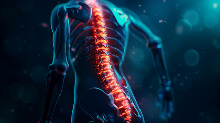 3d illustration of the human body. backache on red spine. Medical concept